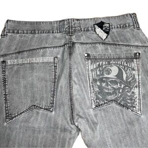 metal mulisha world domination men’s grey distressed logo embroidered jorts sz36